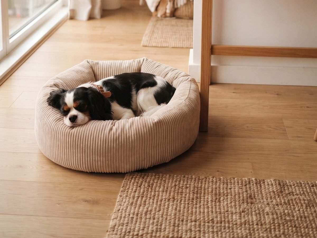 Un cachorro durmiendo hecho un ovillo en una cama Lulú Lulú
