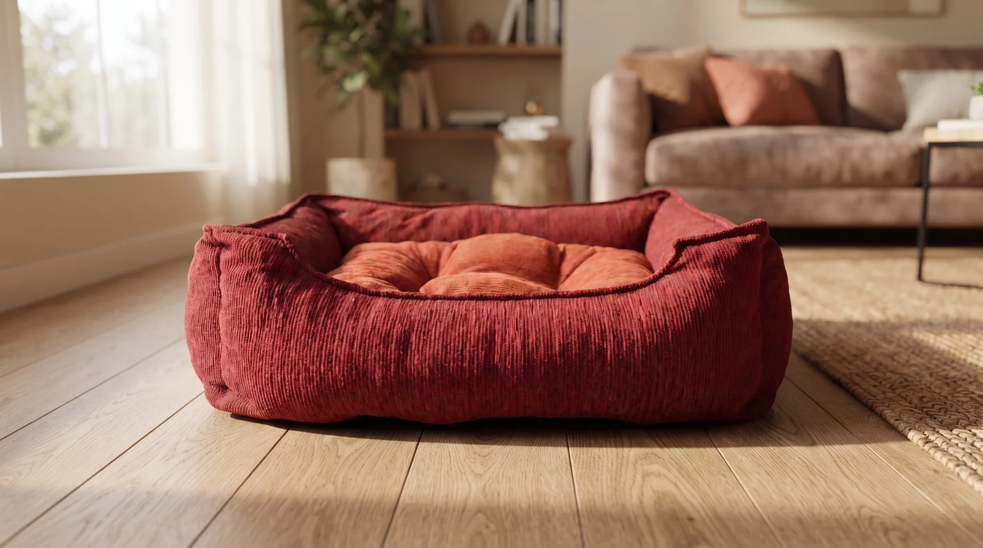 Sueño Rubí, cama rectangular roja con almohadón central, sobre piso de madera